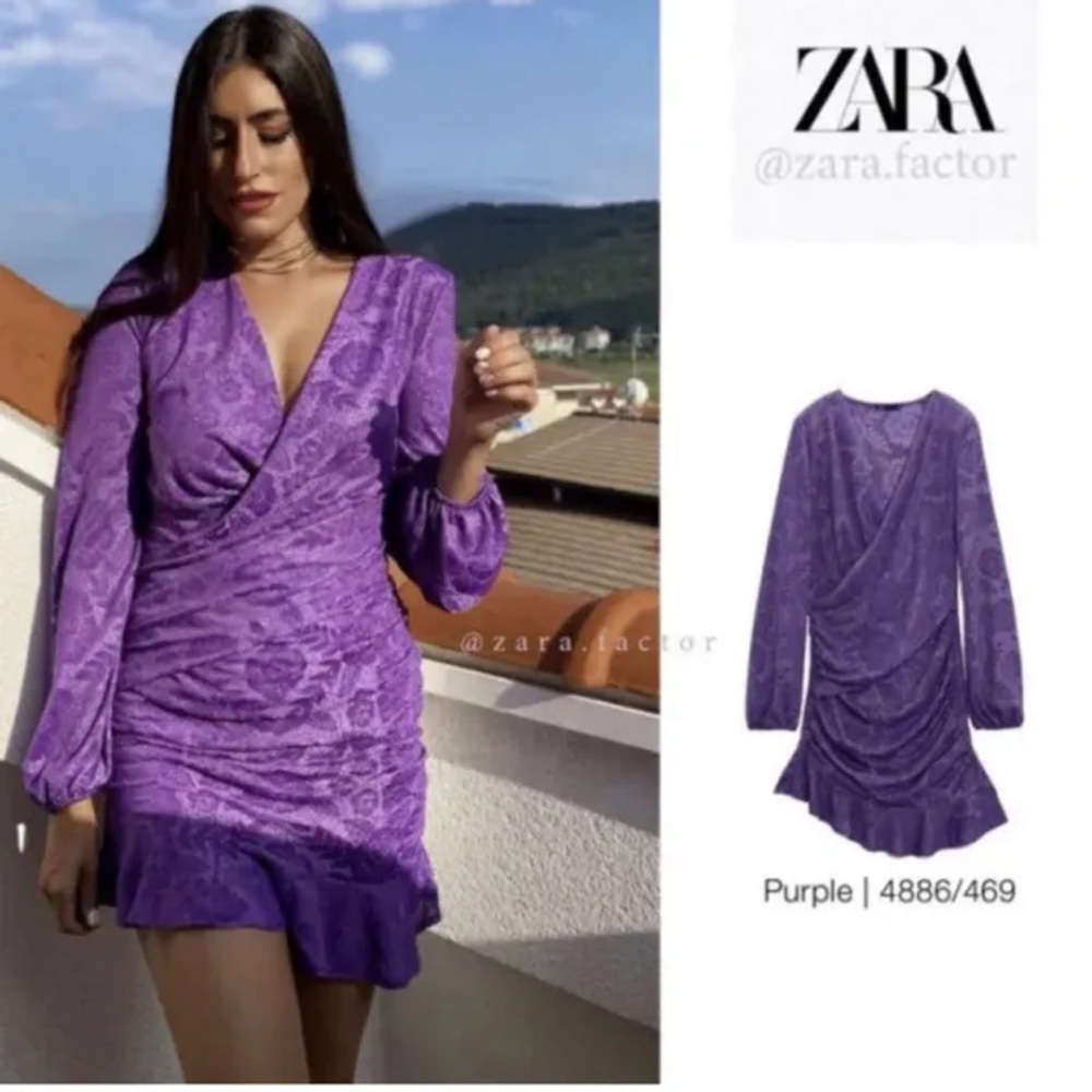 Zara purple jacquard ruffle frill draped ruched long sleeve wrap dress Sz M NWT - Picture 3 of 10